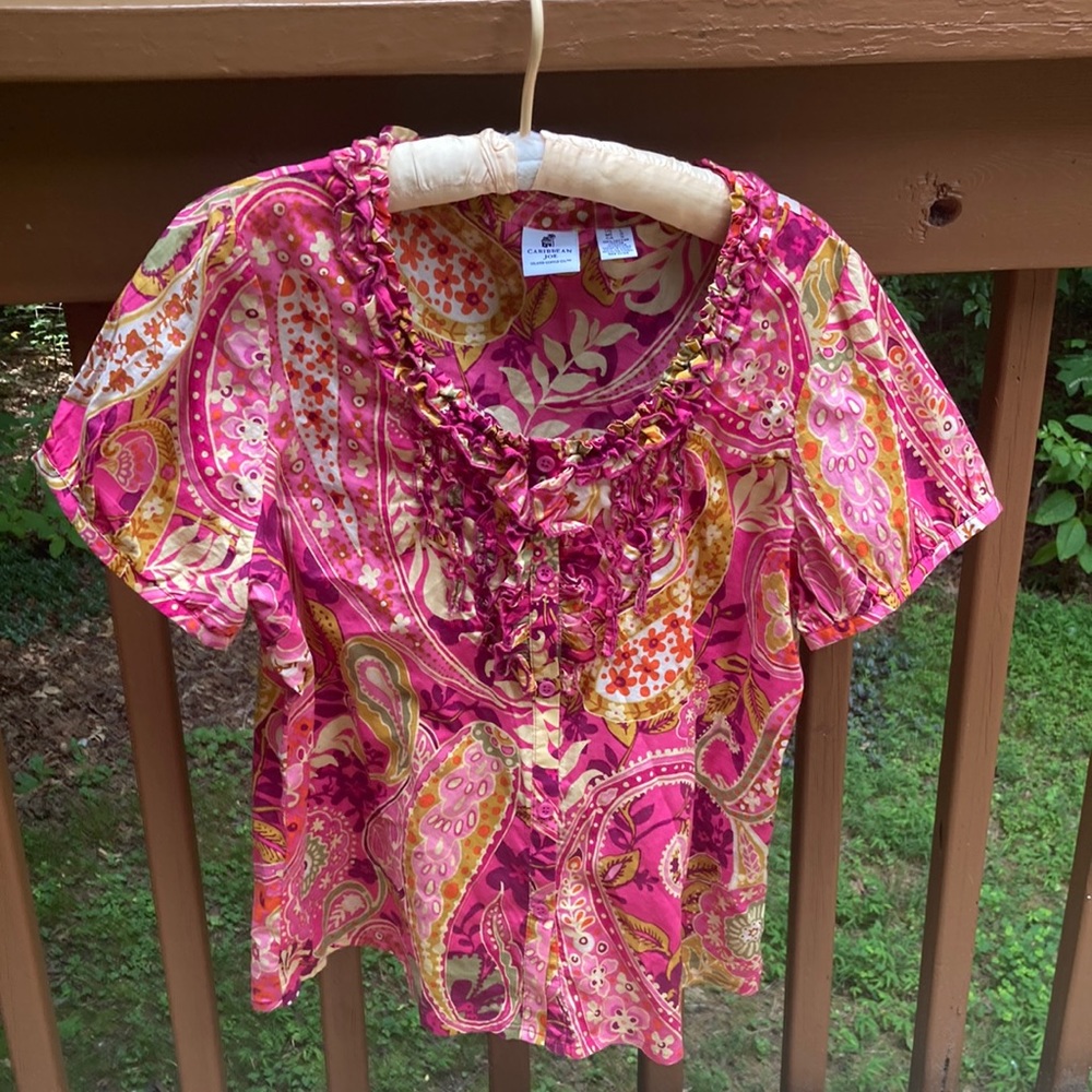 Caribbean Joe Vibrant Pink and Orange Paisley Blouse